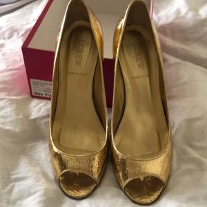 JCrew gold leather peep 3” toe heel 7.5